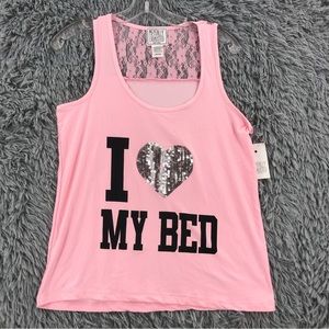 Mentally Exhausted Tank Womens Medium NWT Pink Sequin Soft Sleep Shirt Lace